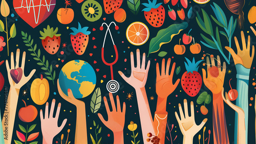  Empowering Health Hands. an illustration of diverse hands holding stethoscopes, heart globes, health books, and fresh produce. Bold colors, confident unity. WorldHealthDay