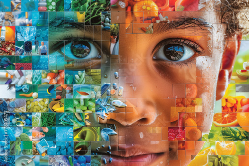 Global Health Mosaic. Collage of clean water, healthy food, diverse doctors, nature workouts, happy families, making a mosaic pattern face of a child.WorldHealthDay 2024. My health, my right. 