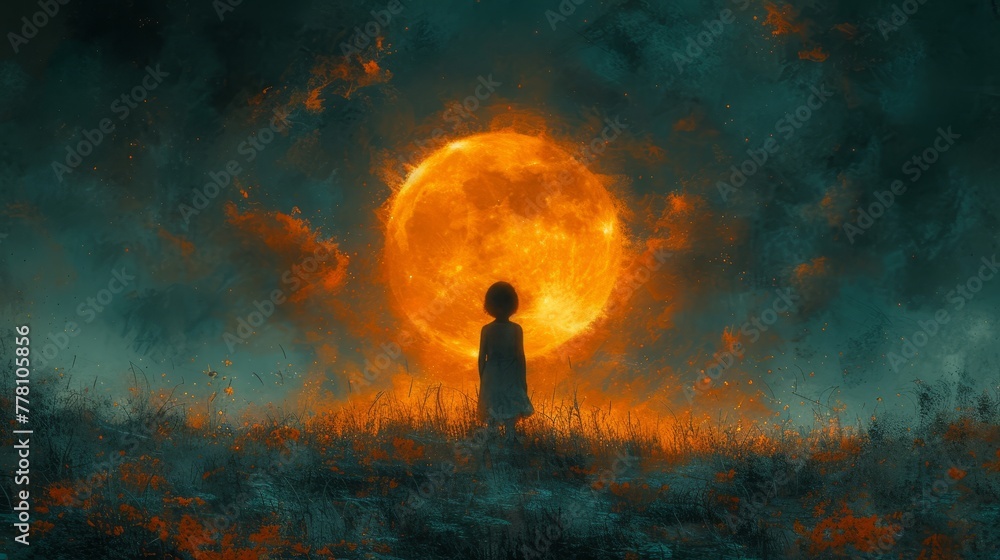 a painting of a person standing in a field in front of a large orange ball of fire in the sky.