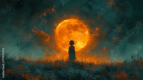 a painting of a person standing in a field in front of a large orange ball of fire in the sky.