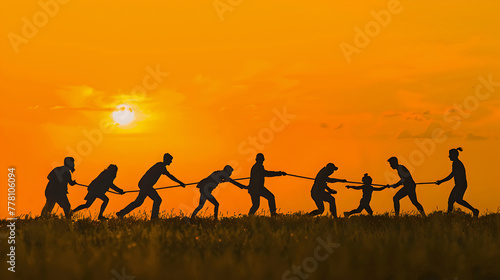 Silhouetted group playing tug-of-war at sunset in a field. A symbol of teamwork and competition. Ideal for motivational themes. AI