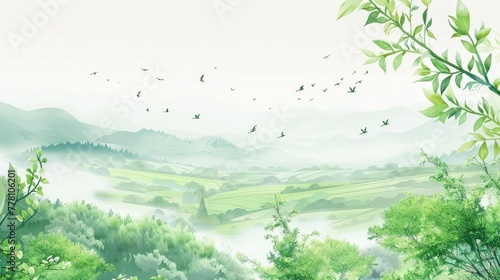 Japanese illustration style, scenery, fluttering tea leaves, light green, artistic conception of the landscape like fairyland