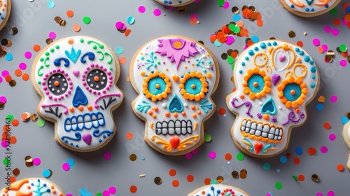 Three sugar skull cookies with confetti and colorful icing on a grey background