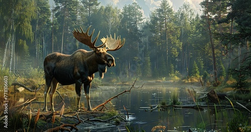 photorealistic image of a moose in the forest on the outskirts of the city photo