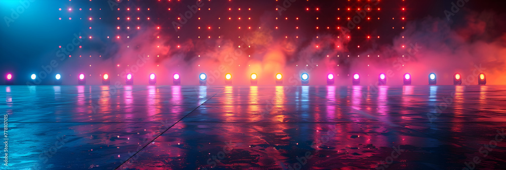 Music Stage with Light Illustration Background,
Wet asphalt with neon lights and reflections
