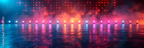 Music Stage with Light Illustration Background, Wet asphalt with neon lights and reflections 