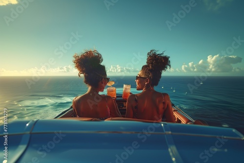 women drink cocktails in a convertible overlooking the sea