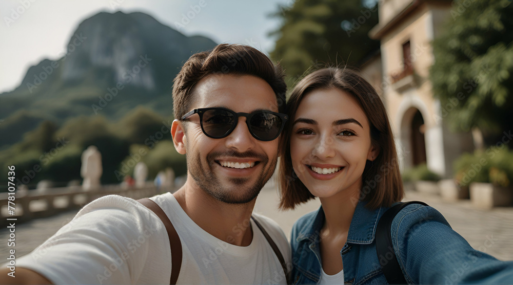 Couple travel and take a selfie on vacation .Generative AI