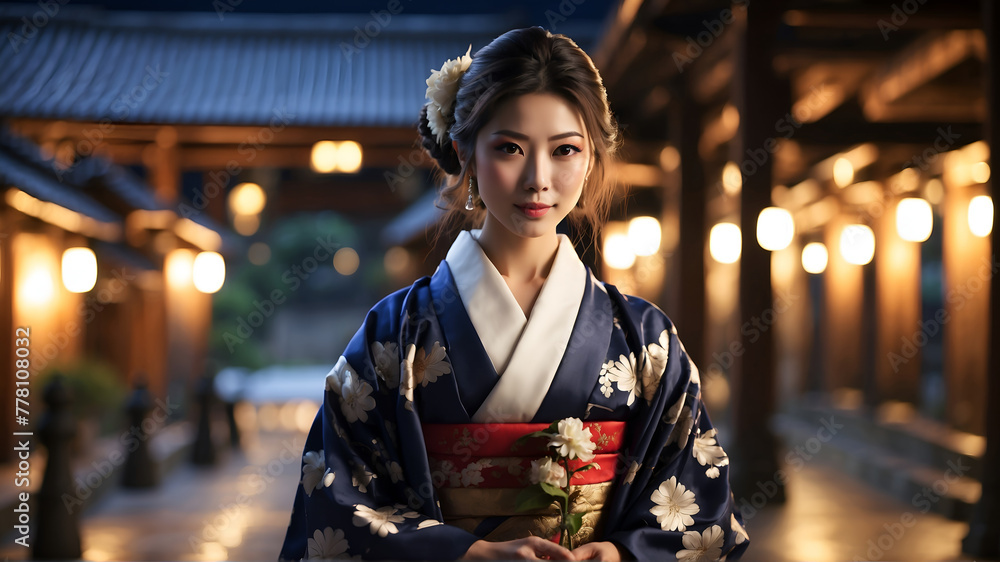 Portrait of attractive Japanese woman wearing traditional costume 