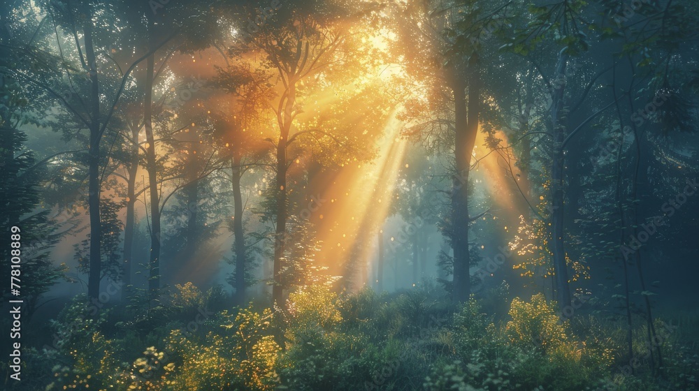 Sunbeams dance through the mist in an enchanted forest glade, with golden light playing upon the wildflowers and trees. - obrazy, fototapety, plakaty 