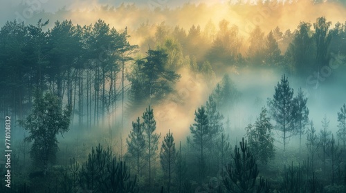 Early morning sun rays gently pierce the mist, creating a mystical ambiance over a lush pine forest. © Wit_Photo