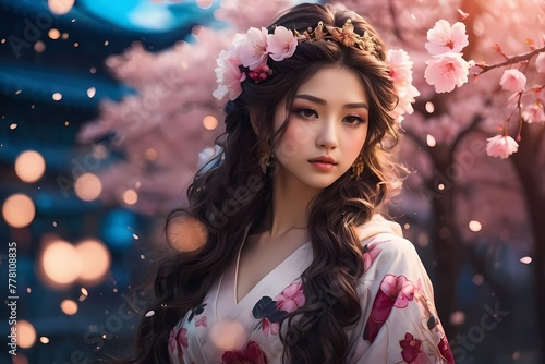 anime style of Goddess with cherry blossom motif on fantastic background.