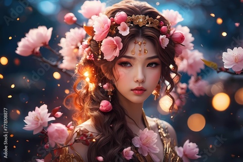 anime style of Goddess with cherry blossom motif on fantastic background.