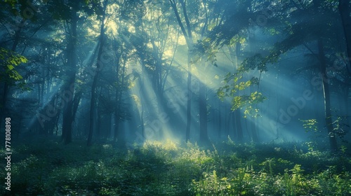 Majestic sunbeams break through the mist, illuminating the lush undergrowth of a tranquil forest. © Wit_Photo
