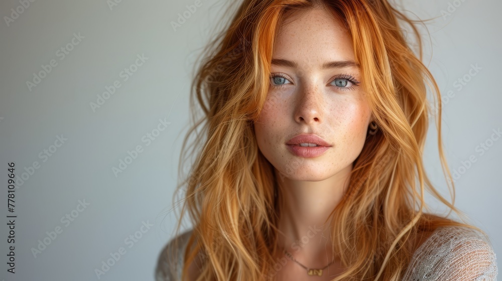 a close up of a woman with long red hair and blue eyes looking at the camera with a serious look on her face. a close up of a woman with long red hair and blue eyes looking at the camera with a serious look on her face.