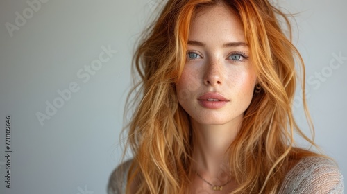 a close up of a woman with long red hair and blue eyes looking at the camera with a serious look on her face.