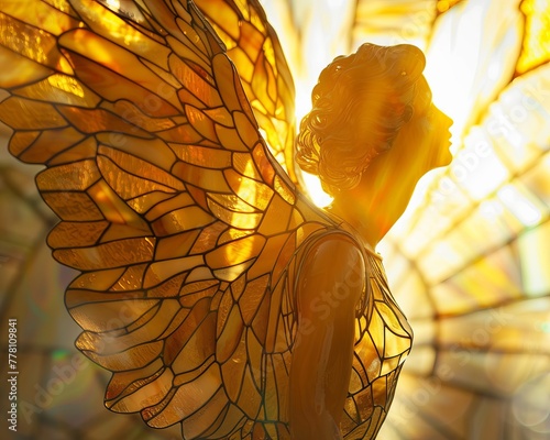 An angelic figure bathed in the golden light of sunset captured in the timeless beauty of stained glass