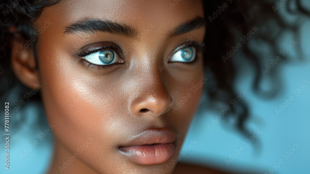 a close up of a woman's face with a blue eyeshadow and curly hair on top of her head. a close up of a woman's face with a blue eyeshadow and curly hair on top of her head.