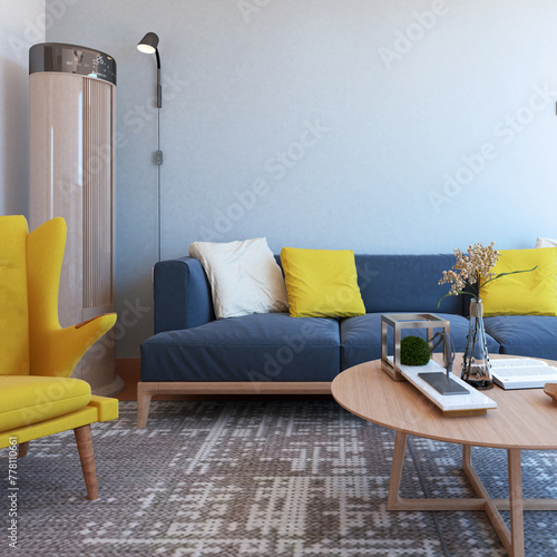 blue living room There is a yellow armchair. Center table for guests and a blue sofa Minimalist decoration style