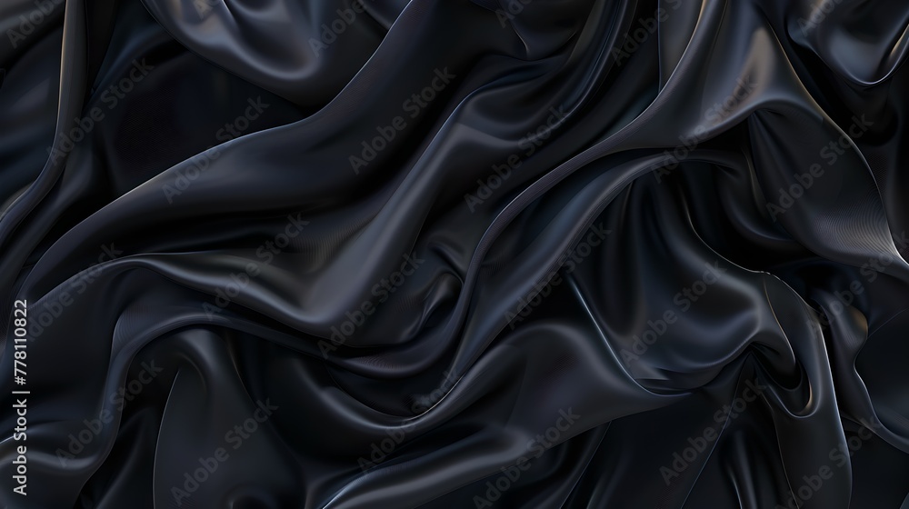 Fototapeta premium Elegant Black Satin Fabric Flowing Softly, Luxurious Textile Close-up. Perfect for Backgrounds and Design Projects. Smooth and Glossy Material. AI
