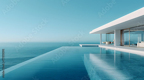 A minimalist villa, with infinity pool blending into the horizon as the background, during a clear day © CanvasPixelDreams
