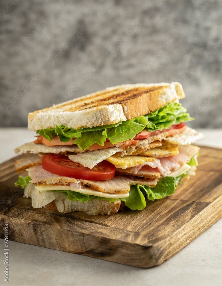 A deconstructed view of a turkey club sandwich, with layers of turkey, bacon, lettuce, tomato, and bread laid out on a cutting board, ready to be assembled, highlighting the simplicity and freshness A deconstructed view of a turkey club sandwich, with layers of turkey, bacon, lettuce, tomato, and bread laid out on a cutting board, ready to be assembled, highlighting the simplicity and freshness