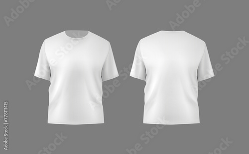 Basic white male t-shirt realistic mockup. Front and back view. Blank textile print template for fashion clothing.