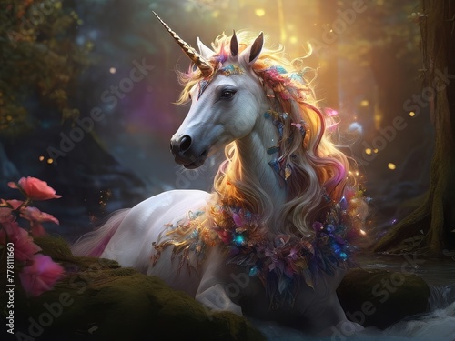 Magical white Unicorn in the forest