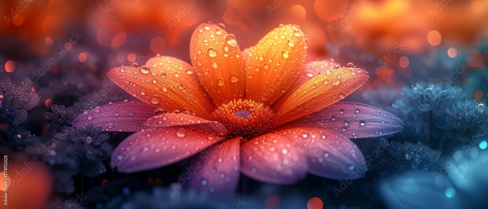 a close up of a flower with drops of water on it and an orange flower in the middle of the picture. a close up of a flower with drops of water on it and an orange flower in the middle of the picture.