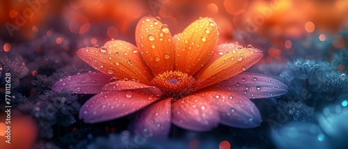 a close up of a flower with drops of water on it and an orange flower in the middle of the picture.