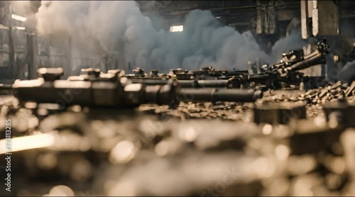 Time-lapse of war factories churning out weapons and ammunition.
