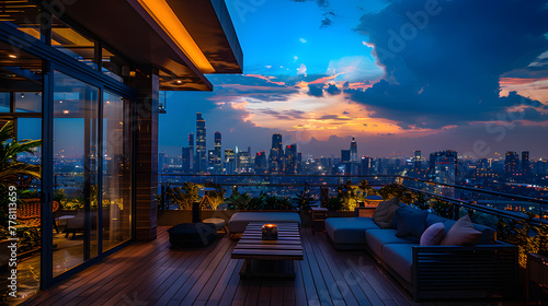 A luxury penthouse, with panoramic city views as the background, during the magic hour