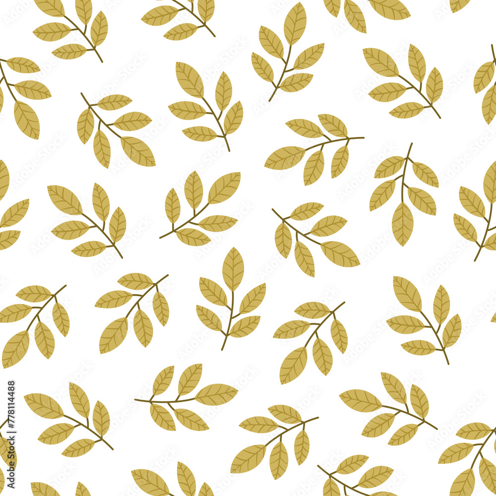 Monochrome gold leaves seamless pattern. Hand drawn yellow branches scattered on white background. Botanical allover raster print Monochrome gold leaves seamless pattern. Hand drawn yellow branches scattered on white background. Botanical allover raster print