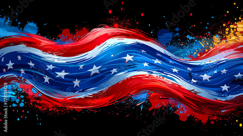 American flag made from colored abstract silk on black background-3D illustration