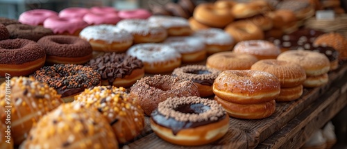a wooden table topped with lots of different types of doughnuts covered in frosting and sprinkles.