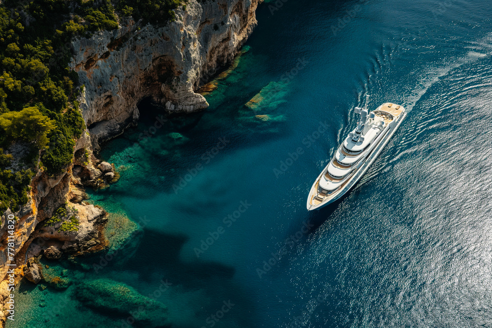 Fototapeta premium A large white tourist yacht sails along the cliffs. Mediterranean coast, tourism, cruise