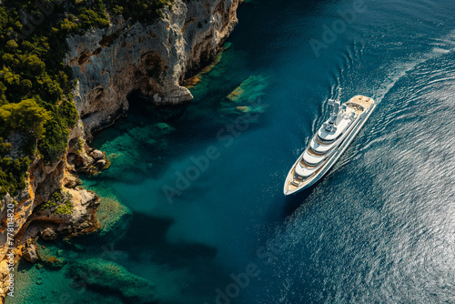 A large white tourist yacht sails along the cliffs. Mediterranean coast, tourism, cruise © Yulia