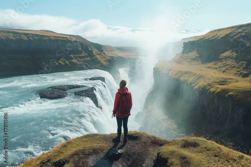 Tourist admiring majestic landscape of Icelandic waterfall. Beautiful nature of Iceland.