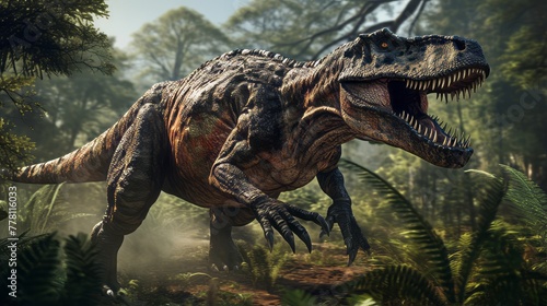 An artistic interpretation of a tarbosaurus hunting in a forest
