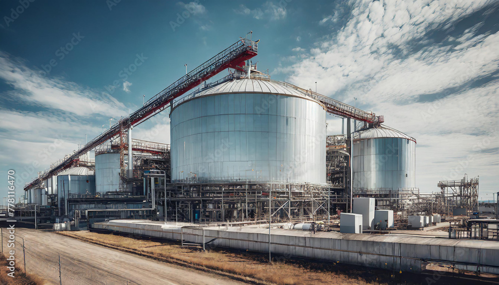 A vast industrial complex with a massive LNG storage tank designed for holding liquified natural gas at low temperatures, showcasing modern energy