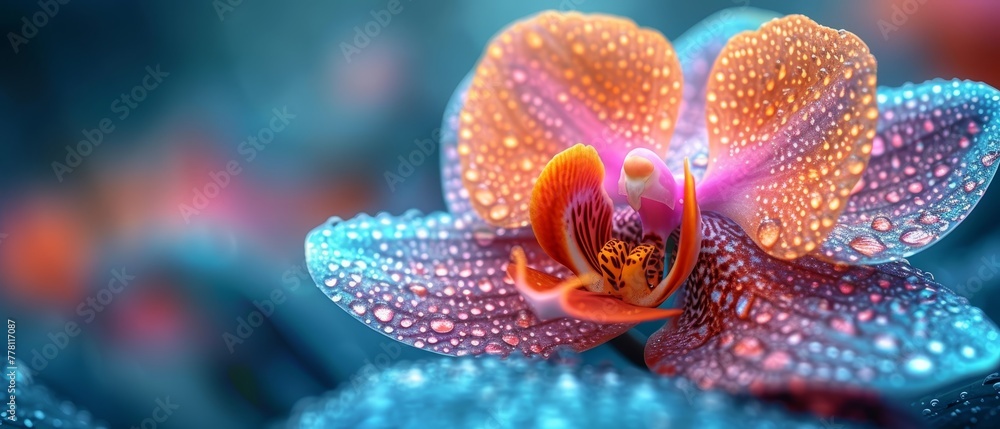 a close up of a blue and orange flower with drops of water on the petals and a blurry background. a close up of a blue and orange flower with drops of water on the petals and a blurry background.