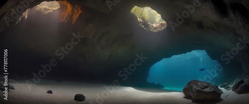 underwater view of a dark cave entrance, Generative AI, Generative, AI