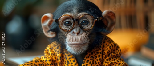 a close up of a monkey with glasses on it's head and a leopard print shirt on it's chest. © Mikus