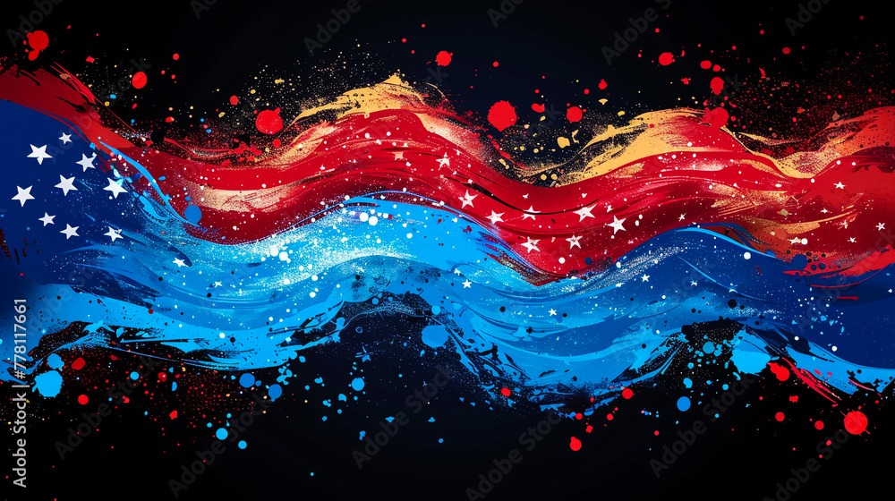 American flag made from colored abstract silk on black background-3D illustration - obrazy, fototapety, plakaty 