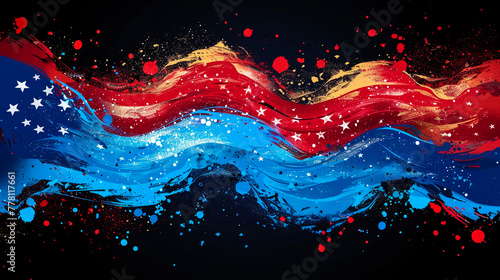 American flag made from colored abstract silk on black background-3D illustration