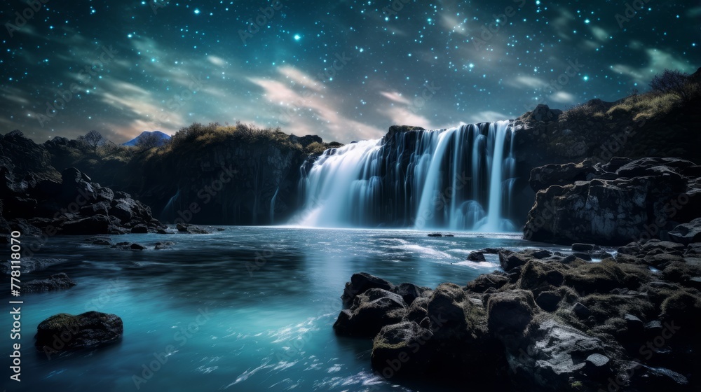 Obraz premium A luminous waterfall under a starry sky