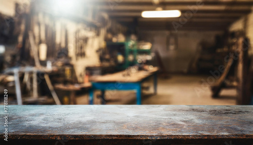 Blank rough metal workshop and desk table surface on blurred garage background with copy space, Empty space for your products and crafty idea in man cave studio