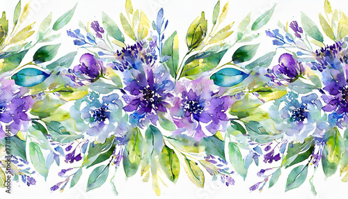 Bouquet border - green leaves and gold violet purple blue flowers on white background. Watercolor hand painted seamless border. Floral illustration. Foliage pattern