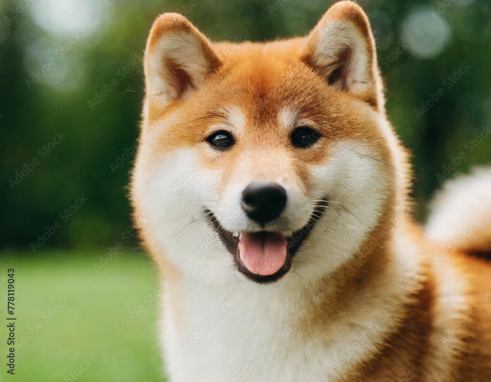Cute fluffy portrait smile Puppy dog Shiba inu that looking at camera isolated