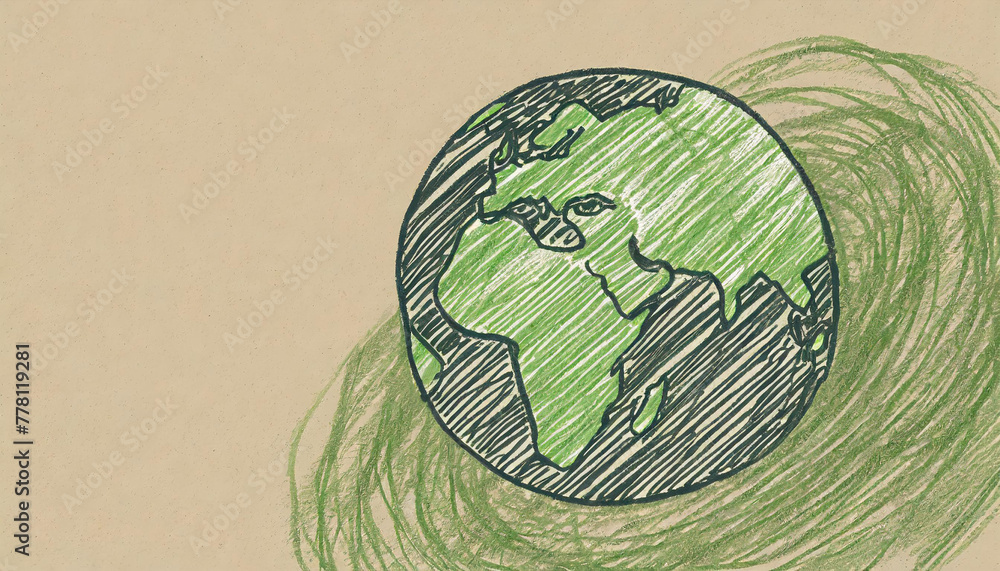 Earth planet. Hand doodle drawn in green colors and pencil texture isolated on beige background with copy space, for the Earth Day concept.
